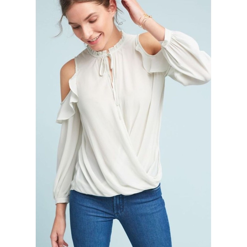 NWT Sz XS Anthropologie Liesel Ruffled Blouse by Maeve MINT Open Shoulder